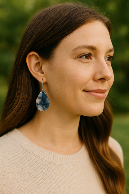 Navy and Light Pink Small Wide Teardrop Drop Earrings in Silver