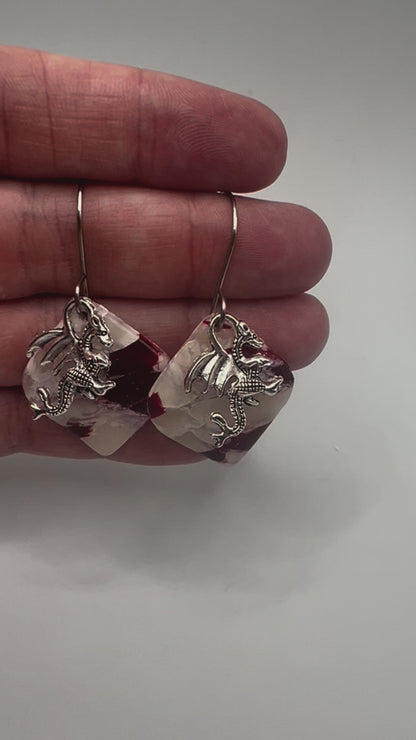 Maroon and White Small Rounded Square Drop Earrings in Silver