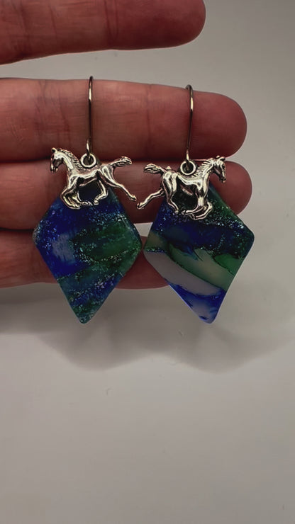 Forest Green and Blue Small Diamond Drop Earrings in Silver