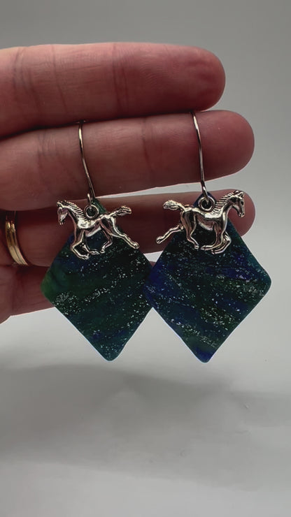 Forest Green and Blue Large Diamond Drop Earrings in Silver