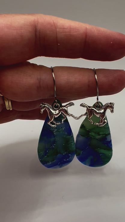 Forest Green and Blue Large Teardrop Drop Earrings in Silver
