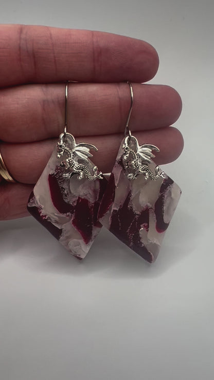 Maroon and White Large Diamond Drop Earrings in Silver