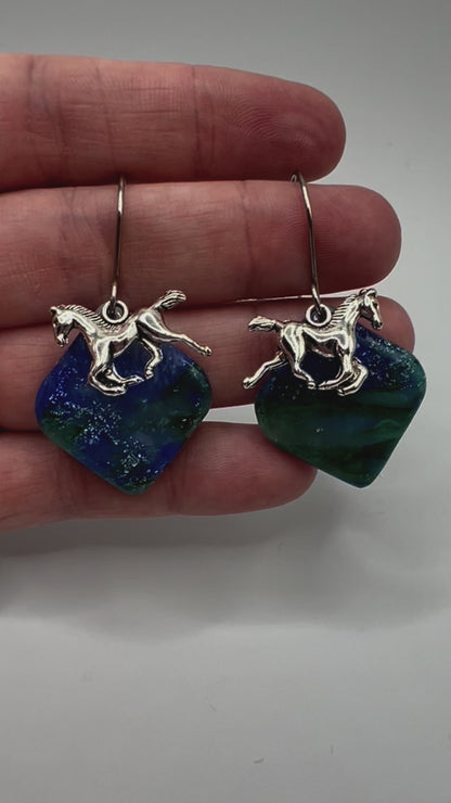 Forest Green and Blue Small Rounded Square Drop Earrings in Silver