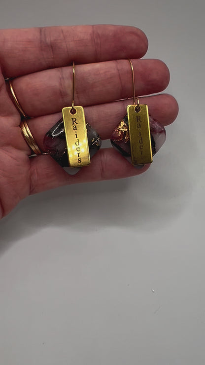 Maroon and Black Rounded Square Drop Earrings in Gold