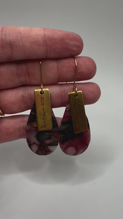 Maroon and Black Small Teardrop Drop Earrings in Gold