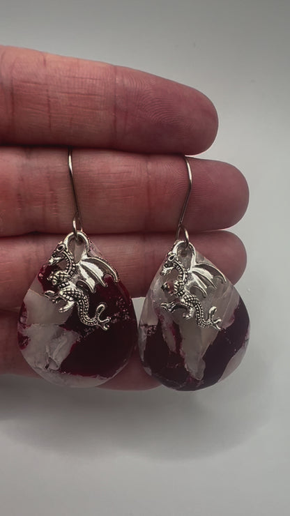 Maroon and White Small Wide Teardrop Drop Earrings in Silver