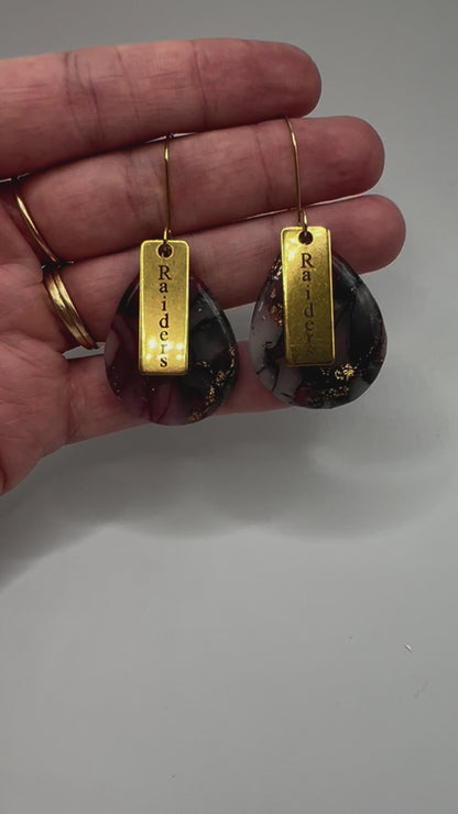 Maroon and Black Small Wide Teardrop Drop Earrings in Gold