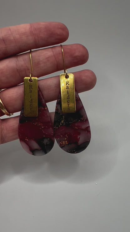 Maroon and Black Large Teardrop Drop Earrings in Gold