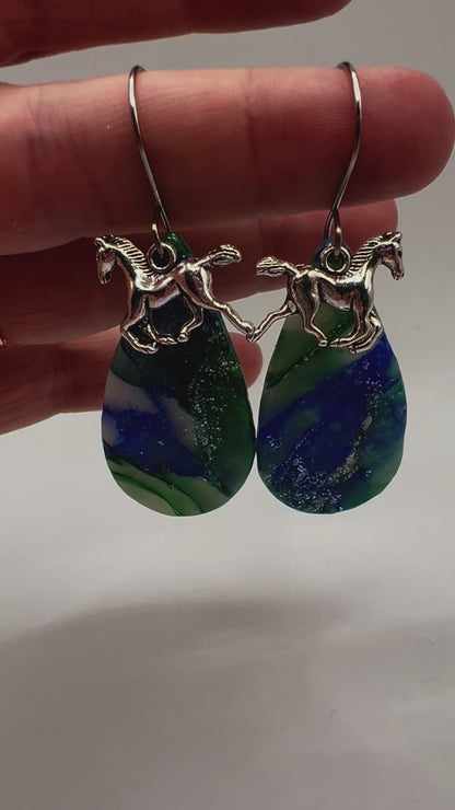 Forest Green and Blue Small Teardrop Drop Earrings in Silver