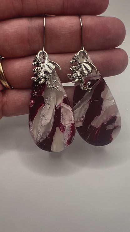 Maroon and White Large Teardrop Drop Earrings in Silver